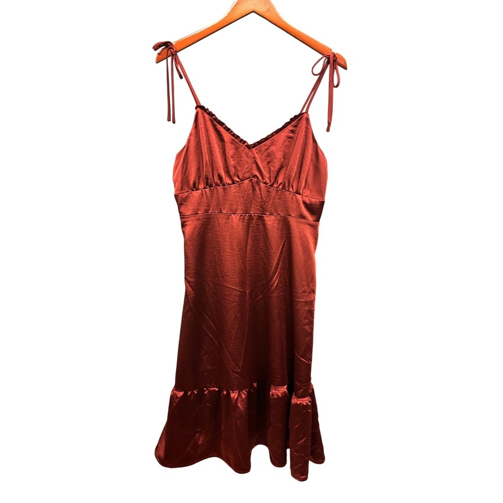 Nine West Satin Tie Strap Fit Flare Midi Dress Womens L Red Marsala Party NWT